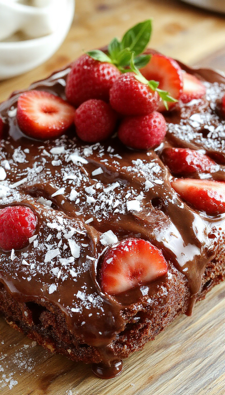 A vibrant slice of chocolate and strawberry cake on a white plate, featuring a layered structure with glossy chocolate glaze and fresh strawberry slices on top, garnished with a sprig of mint. The cake's interior reveals moist layers filled with whipped cream and fresh strawberries, while the exterior is decorated with finely grated chocolate and strawberries, creating an inviting and colorful dessert.