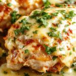 A golden-brown crispy chicken breast coated in Parmesan cheese, topped with a creamy garlic sauce drizzled over the meat, garnished with fresh herbs. The dish is presented on a rustic plate, with a side of greens and a sprinkle of grated cheese, showcasing a rich texture and inviting aroma.