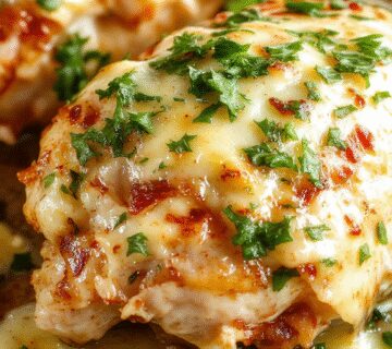A golden-brown crispy chicken breast coated in Parmesan cheese, topped with a creamy garlic sauce drizzled over the meat, garnished with fresh herbs. The dish is presented on a rustic plate, with a side of greens and a sprinkle of grated cheese, showcasing a rich texture and inviting aroma.