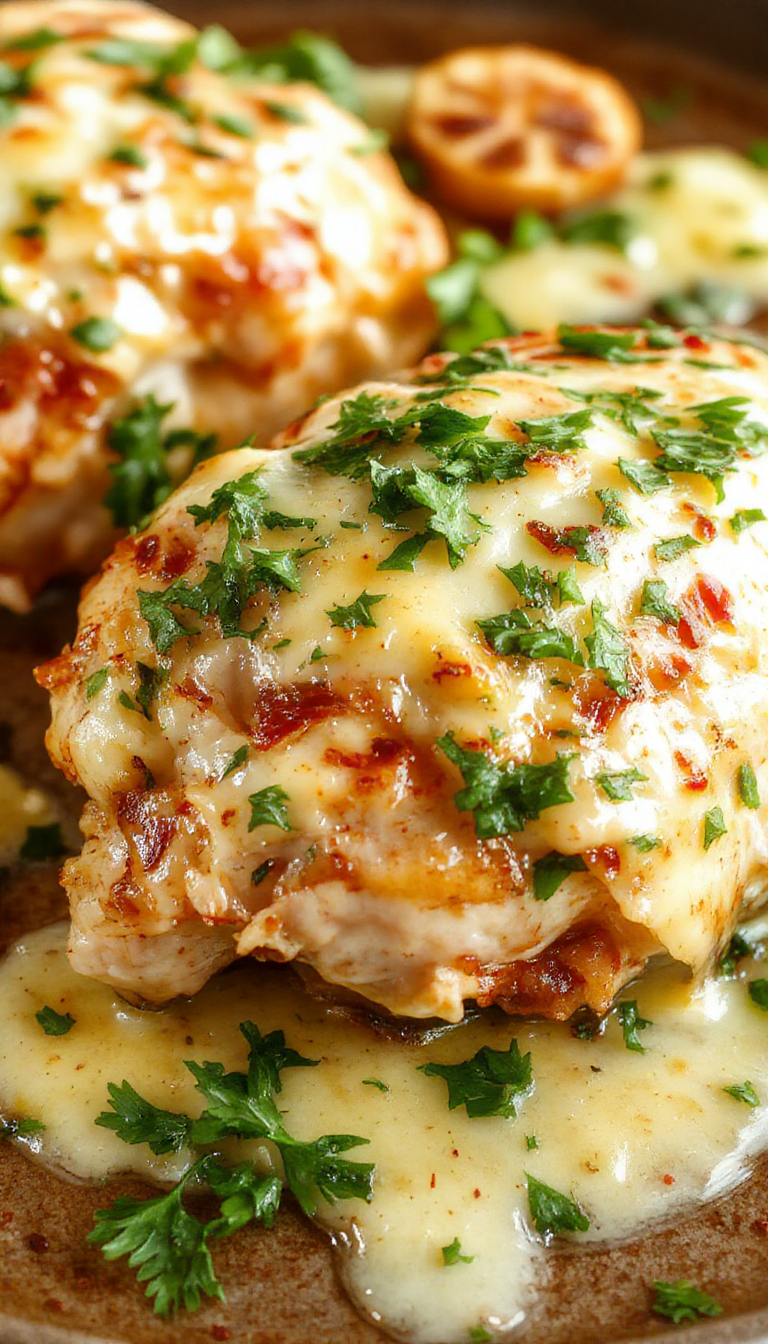 A golden-brown crispy chicken breast coated in Parmesan cheese, topped with a creamy garlic sauce drizzled over the meat, garnished with fresh herbs. The dish is presented on a rustic plate, with a side of greens and a sprinkle of grated cheese, showcasing a rich texture and inviting aroma.