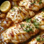 Plato de pollo mediterráneo al horno en una bandeja rectangular acompañada de calabacín en rodajas doradas y verduras frescas, todo decorado con hierbas aromáticas y un toque de aceite de oliva. La presentación es colorida y apetecible, destacando la textura jugosa del pollo y el brillo del calabacín tostado.