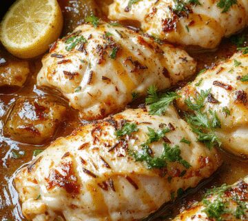 Plato de pollo mediterráneo al horno en una bandeja rectangular acompañada de calabacín en rodajas doradas y verduras frescas, todo decorado con hierbas aromáticas y un toque de aceite de oliva. La presentación es colorida y apetecible, destacando la textura jugosa del pollo y el brillo del calabacín tostado.