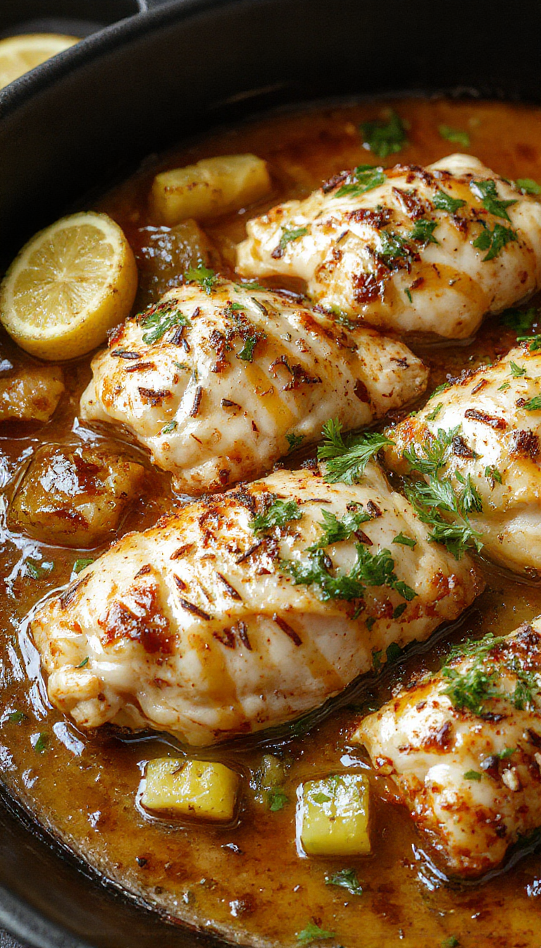 Plato de pollo mediterráneo al horno en una bandeja rectangular acompañada de calabacín en rodajas doradas y verduras frescas, todo decorado con hierbas aromáticas y un toque de aceite de oliva. La presentación es colorida y apetecible, destacando la textura jugosa del pollo y el brillo del calabacín tostado.