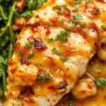 A vibrant plate features perfectly cooked chicken pieces glazed with honey and topped with a spicy red sauce, alongside creamy, cheesy macaroni, garnished with fresh herbs and served on a rustic wooden table.