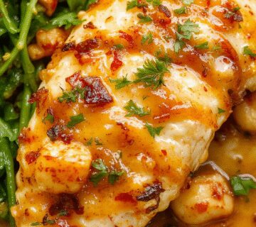 A vibrant plate features perfectly cooked chicken pieces glazed with honey and topped with a spicy red sauce, alongside creamy, cheesy macaroni, garnished with fresh herbs and served on a rustic wooden table.
