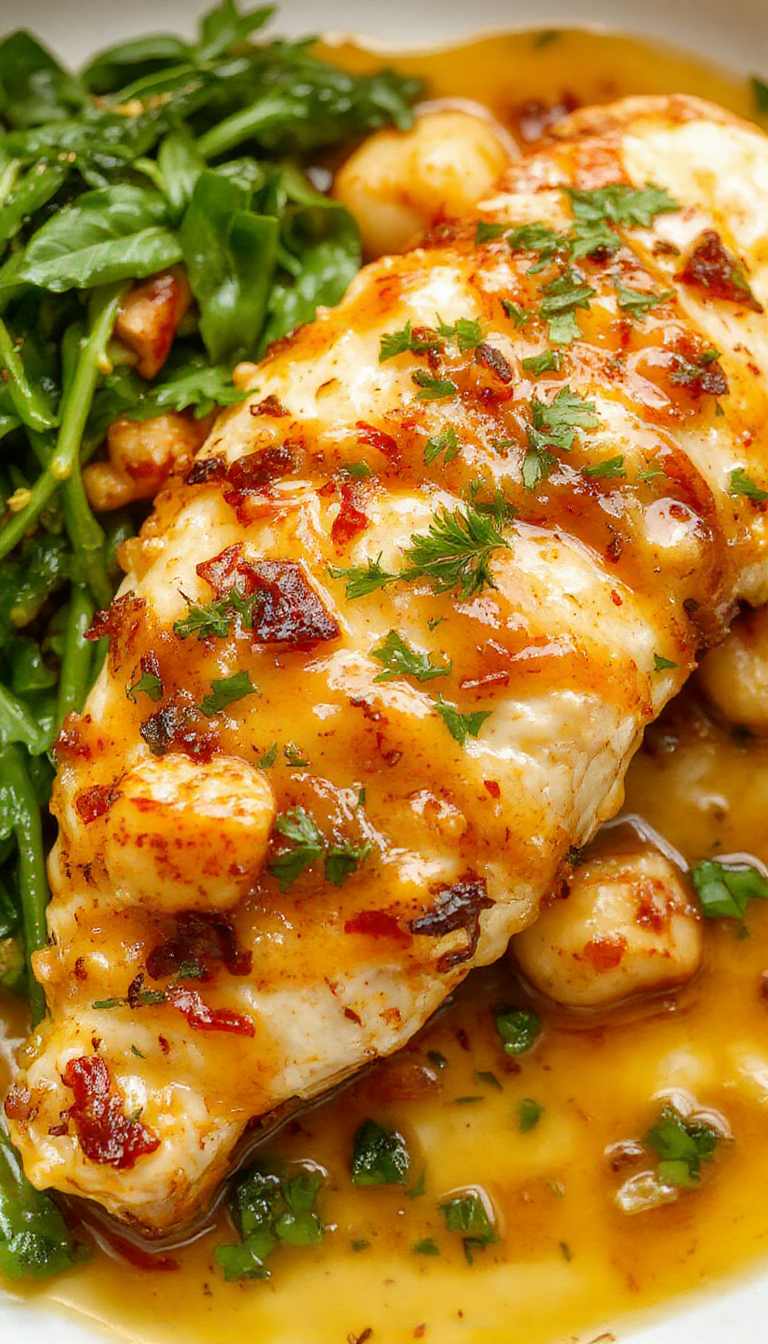 A vibrant plate features perfectly cooked chicken pieces glazed with honey and topped with a spicy red sauce, alongside creamy, cheesy macaroni, garnished with fresh herbs and served on a rustic wooden table.