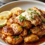 Juicy golden-brown chicken breasts glazed with buttery sauce, garnished with fresh herbs and served in a rustic skillet with a side of crispy potatoes