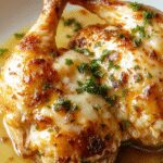 A golden-brown, crispy breaded chicken breast topped with melted melted mozzarella cheese and sprinkled with freshly chopped parsley, presented on a rustic white plate with a side of marinara sauce and fresh basil leaves. The dish is styled elegantly with a slightly charred, crunchy exterior and gooey cheese on top, highlighting its Italian origin.