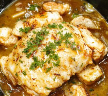 Plato de pollo al ajo y parmesano en crockpot, con pollo dorado y grueso cubierto con queso parmesano rallado, rodeado de trozos de ajo y hierbas, en un plato blanco elegante sobre una mesa rústica.