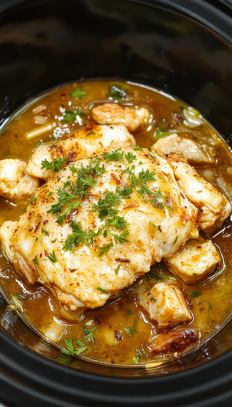 Plato de pollo al ajo y parmesano en crockpot, con pollo dorado y grueso cubierto con queso parmesano rallado, rodeado de trozos de ajo y hierbas, en un plato blanco elegante sobre una mesa rústica.