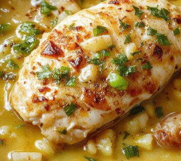 Plato de pollo con limón y hierbas en un plato blanco, acompañado de arroz esponjoso y decorado con ramitas de hierbas frescas, todo sobre una mesa de madera rústica. La carne de pollo está dorada con un brillo apetitoso, con gotas de jugo de limón visible y hierbas verdes dispersas por encima, presentando una apariencia jugosa y aromática.