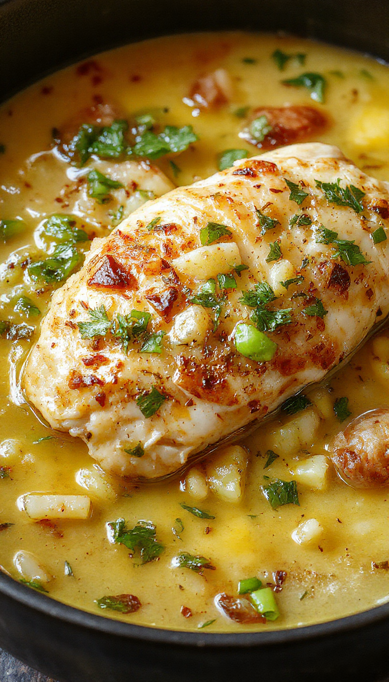 Plato de pollo con limón y hierbas en un plato blanco, acompañado de arroz esponjoso y decorado con ramitas de hierbas frescas, todo sobre una mesa de madera rústica. La carne de pollo está dorada con un brillo apetitoso, con gotas de jugo de limón visible y hierbas verdes dispersas por encima, presentando una apariencia jugosa y aromática.