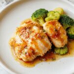 A close-up of a vibrant Asian-inspired dish featuring golden-brown chicken pieces glazed with honey, sprinkled with sesame seeds, accompanied by bright green broccoli florets on a white plate, with a glossy sauce sheen and garnished with sliced green onions.