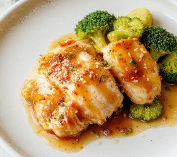 A close-up of a vibrant Asian-inspired dish featuring golden-brown chicken pieces glazed with honey, sprinkled with sesame seeds, accompanied by bright green broccoli florets on a white plate, with a glossy sauce sheen and garnished with sliced green onions.