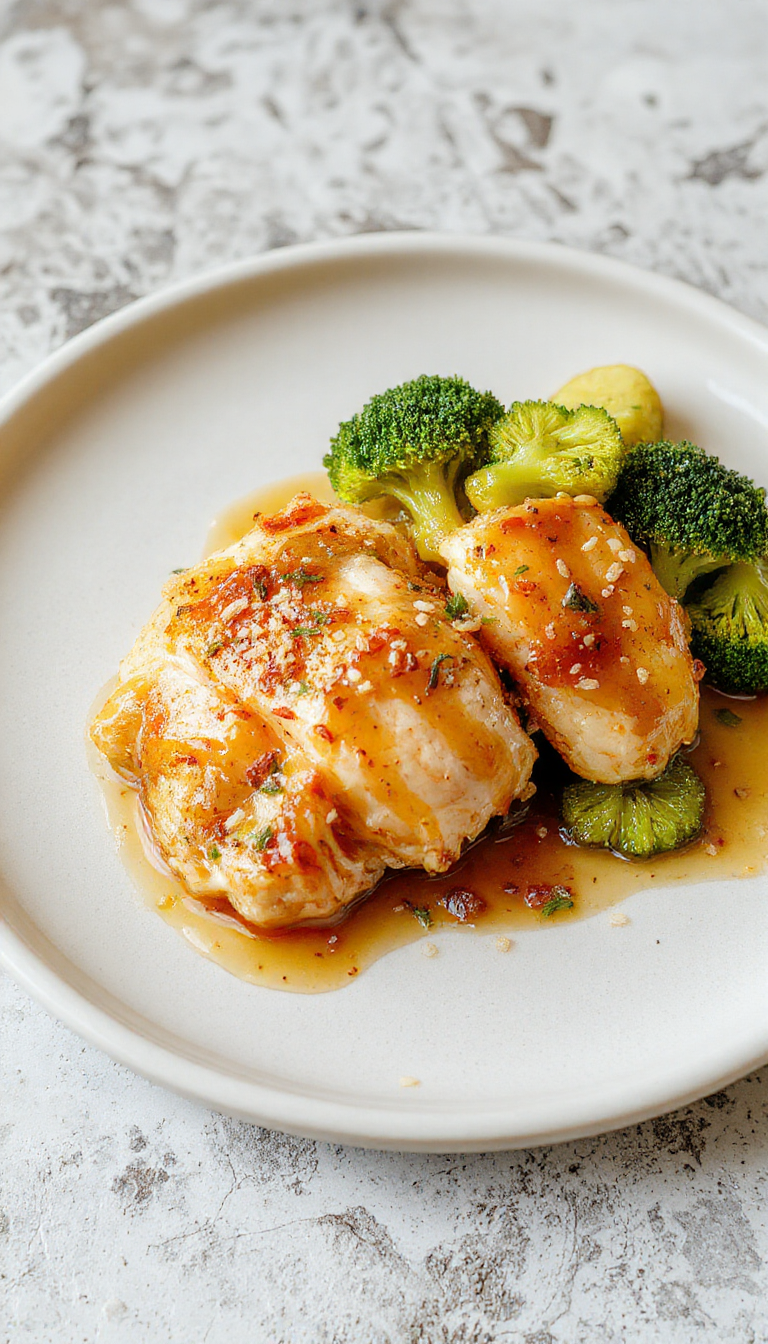 A close-up of a vibrant Asian-inspired dish featuring golden-brown chicken pieces glazed with honey, sprinkled with sesame seeds, accompanied by bright green broccoli florets on a white plate, with a glossy sauce sheen and garnished with sliced green onions.