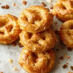 A plate of golden-brown homemade pretzels arranged neatly on a rustic wooden surface, showcasing their glossy, twisted shape with visible coarse salt on top and a soft, fluffy interior peeking through a small opening.