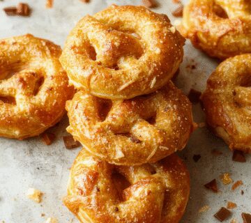 A plate of golden-brown homemade pretzels arranged neatly on a rustic wooden surface, showcasing their glossy, twisted shape with visible coarse salt on top and a soft, fluffy interior peeking through a small opening.