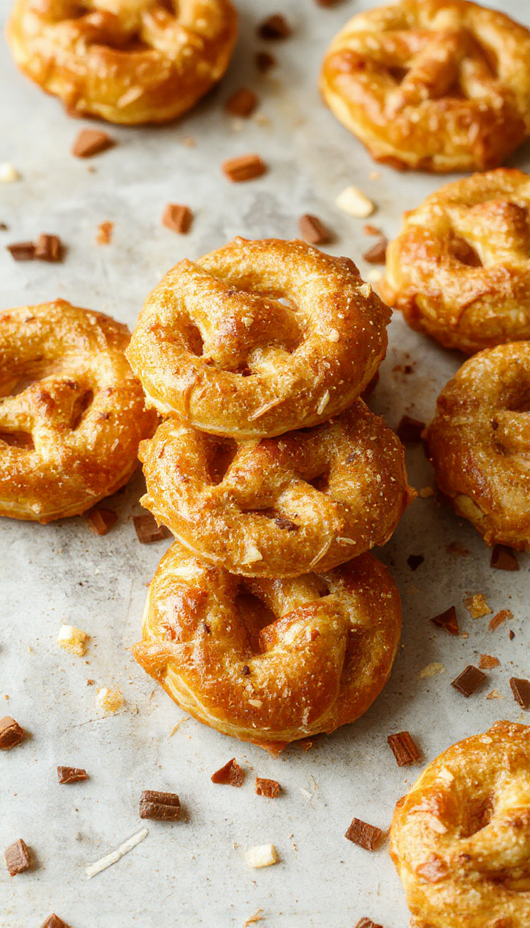 A plate of golden-brown homemade pretzels arranged neatly on a rustic wooden surface, showcasing their glossy, twisted shape with visible coarse salt on top and a soft, fluffy interior peeking through a small opening.