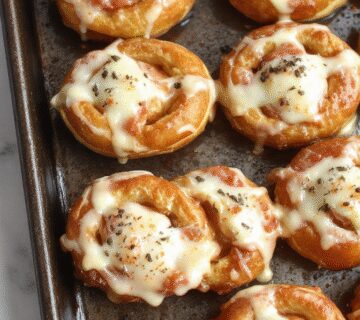 Golden-brown pretzels rellenos de jamón y queso, con una superficie ligeramente crujiente y exhibiendo un interior suave y fundido, presentados en un plato blanco sobre una mesa rústica, con algunos ingredientes visibles en el fondo.
