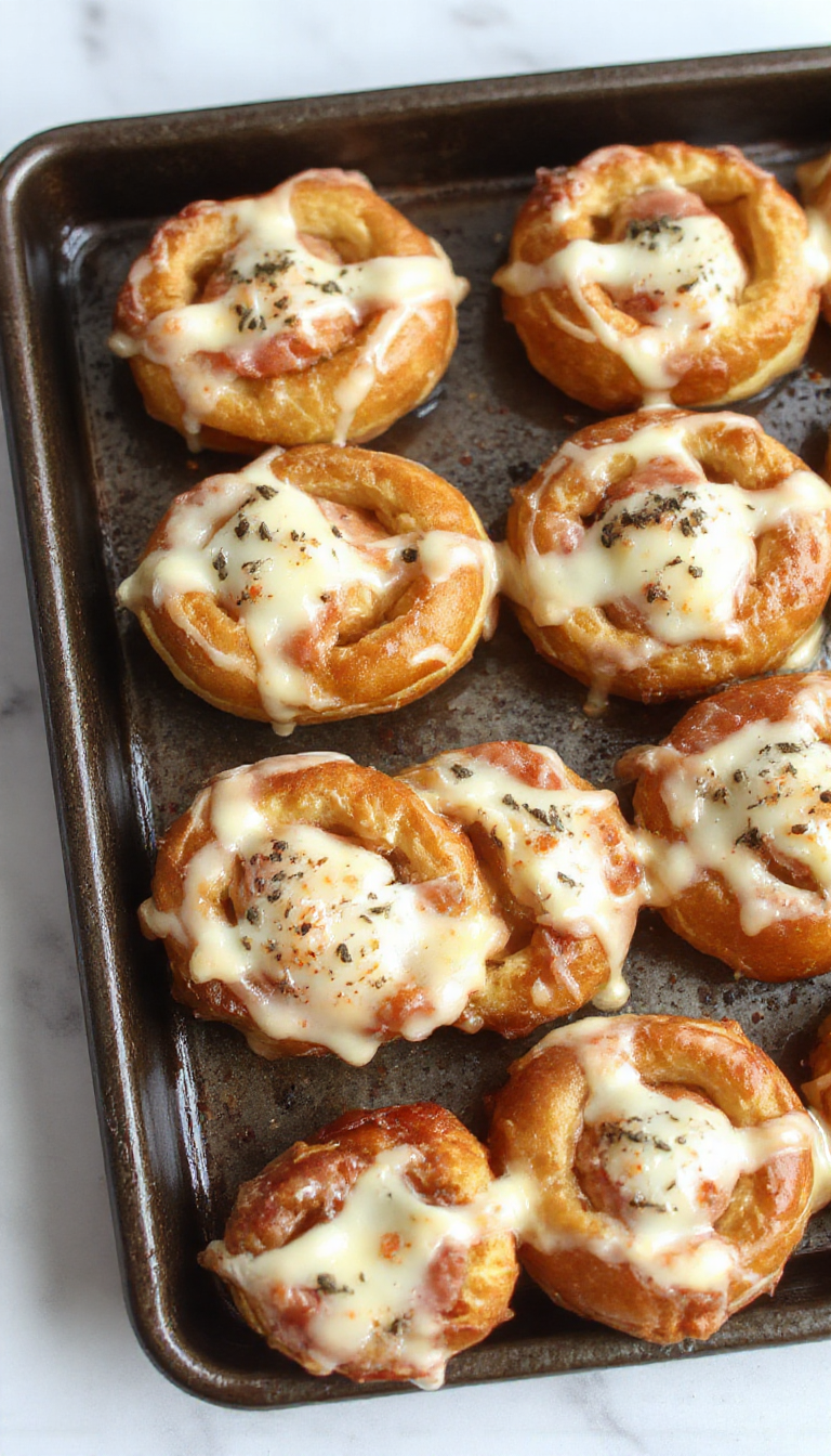 Golden-brown pretzels rellenos de jamón y queso, con una superficie ligeramente crujiente y exhibiendo un interior suave y fundido, presentados en un plato blanco sobre una mesa rústica, con algunos ingredientes visibles en el fondo.