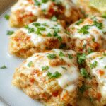Golden-brown quesadillas de pollo y tocino cut into wedges, melted cheese visible at the edges, served on a rustic white plate with fresh cilantro and lime wedges, garnished with a drizzle of ranch dressing, all set against a dark wooden background.