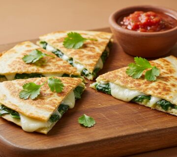 Quesadilla de espinaca y queso feta servida, perfecta para una comida rápida y sabrosa.