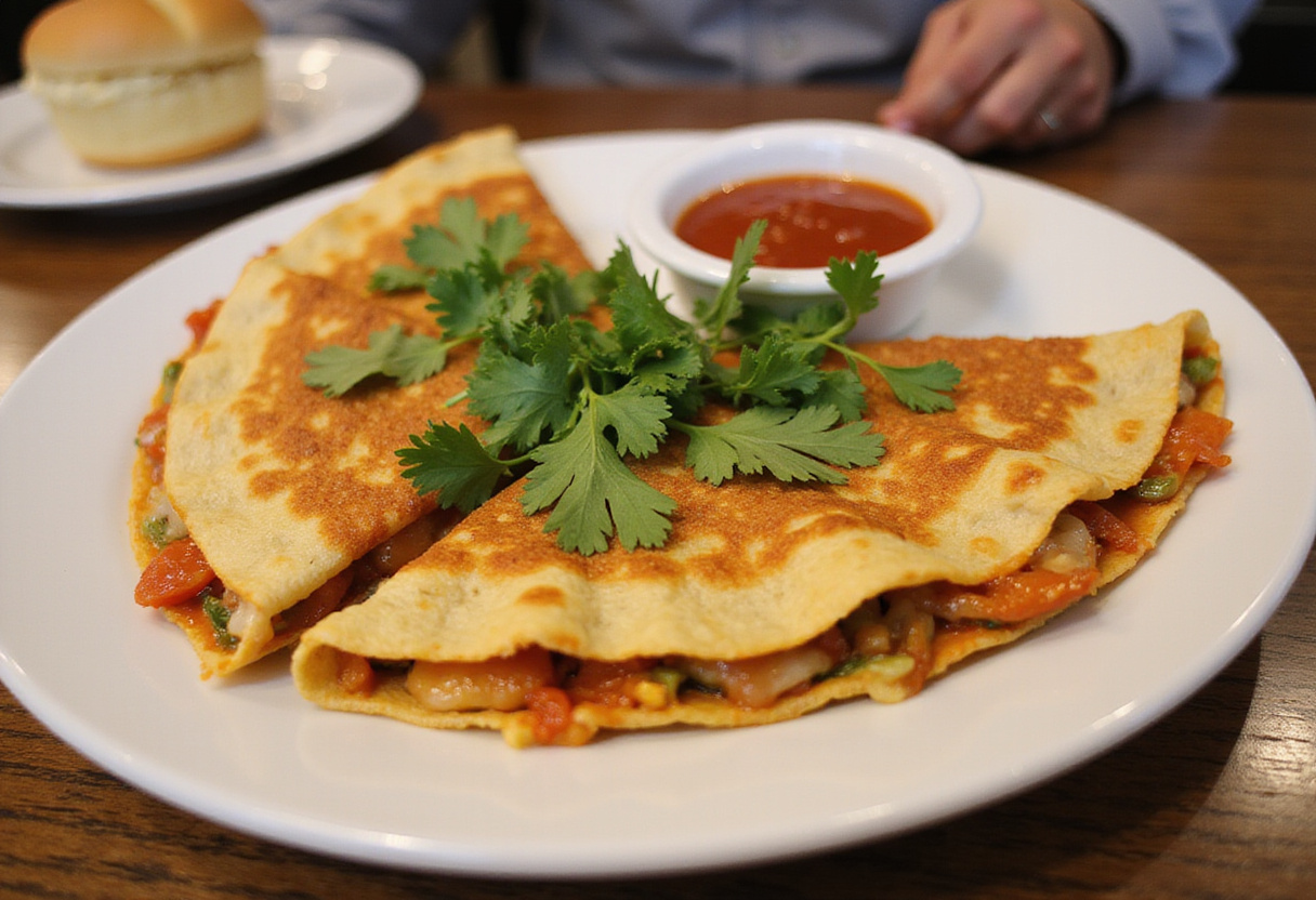 Quesadilla de espinaca y queso feta servida, perfecta para una comida rápida y sabrosa.