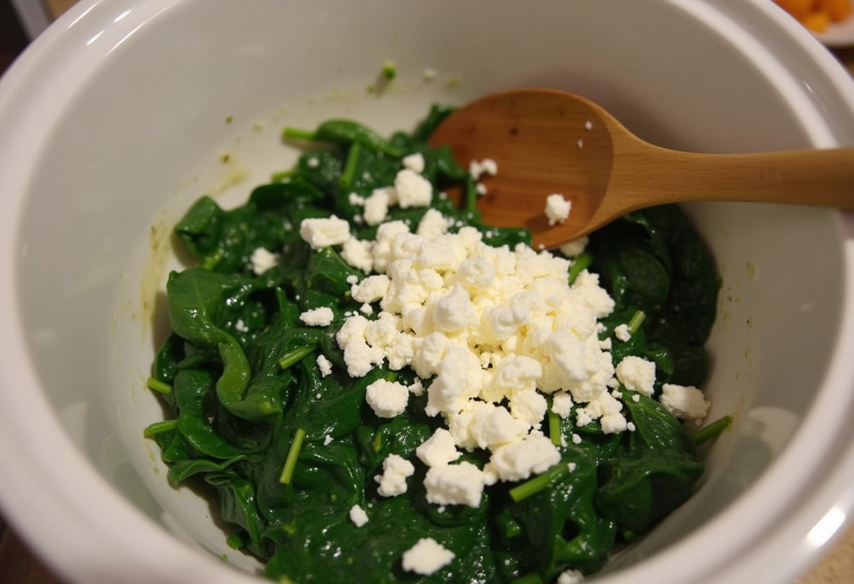 Mezcla de espinaca salteada y queso feta en un bol para las quesadillas de espinaca.