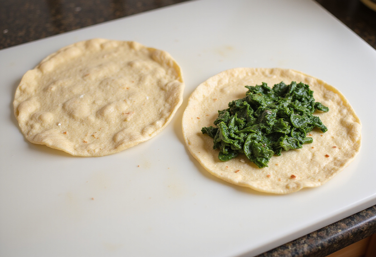 Tortillas preparadas con mezcla de espinaca y queso feta para hacer quesadillas de espinaca.