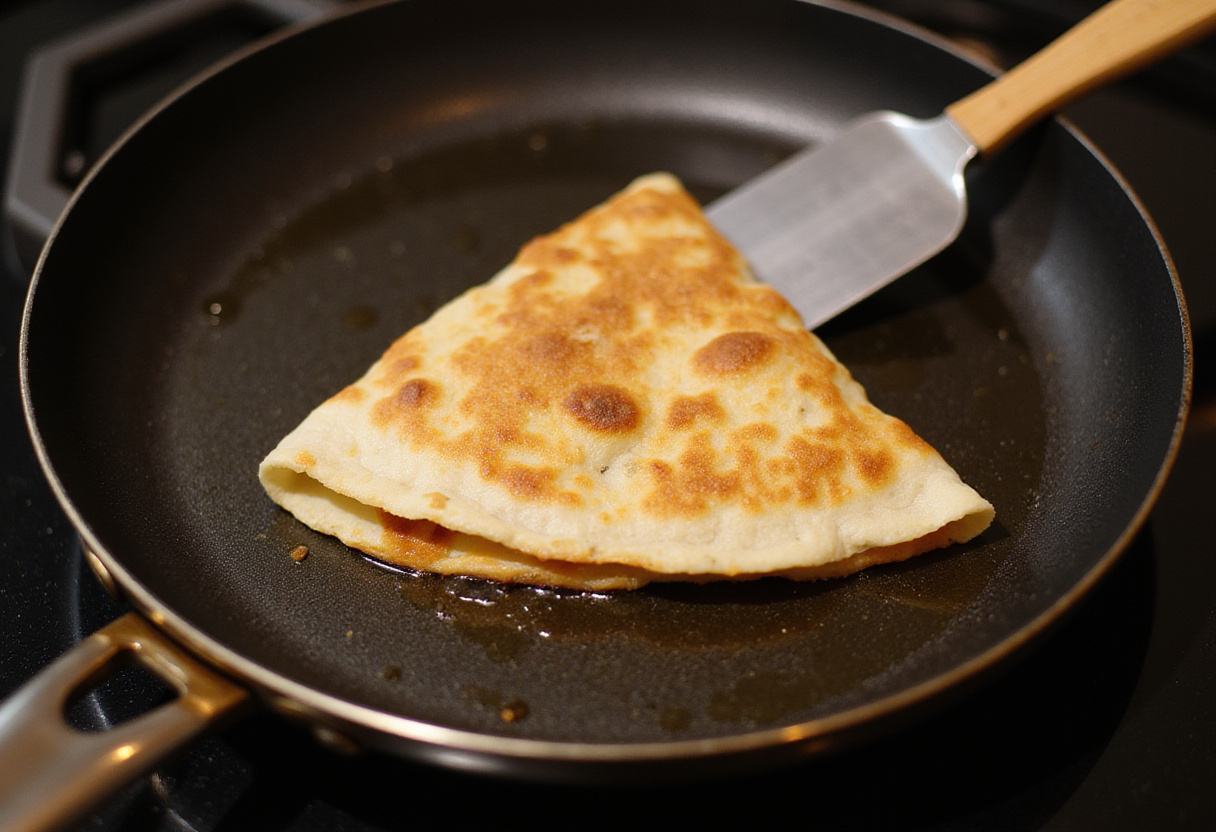 Quesadilla de espinaca y queso feta cocinándose en una sartén dorada.