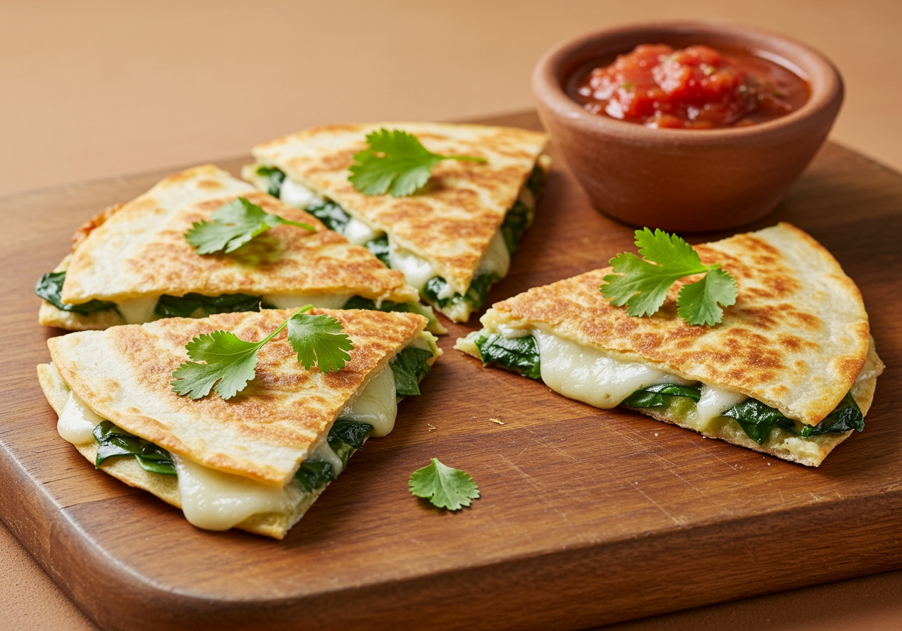 Quesadilla de espinaca y queso feta servida, perfecta para una comida rápida y sabrosa.