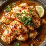A close-up of a vibrant orange chicken curry served in a traditional bowl, garnished with fresh cilantro leaves. The creamy sauce coats tender chicken pieces, with visible spices and a glossy finish, contrasting with the rustic ceramic dish background.