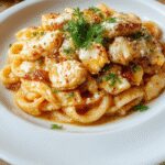 A close-up of a bowl of creamy pasta with tender pieces of chicken, sprinkled with grated Parmesan cheese, garnished with chopped parsley on top. The dish is presented in a rustic ceramic bowl, showcasing the rich, velvety sauce coating the pasta and chicken, with a golden-brown crust and a sprinkle of fresh herbs for color.