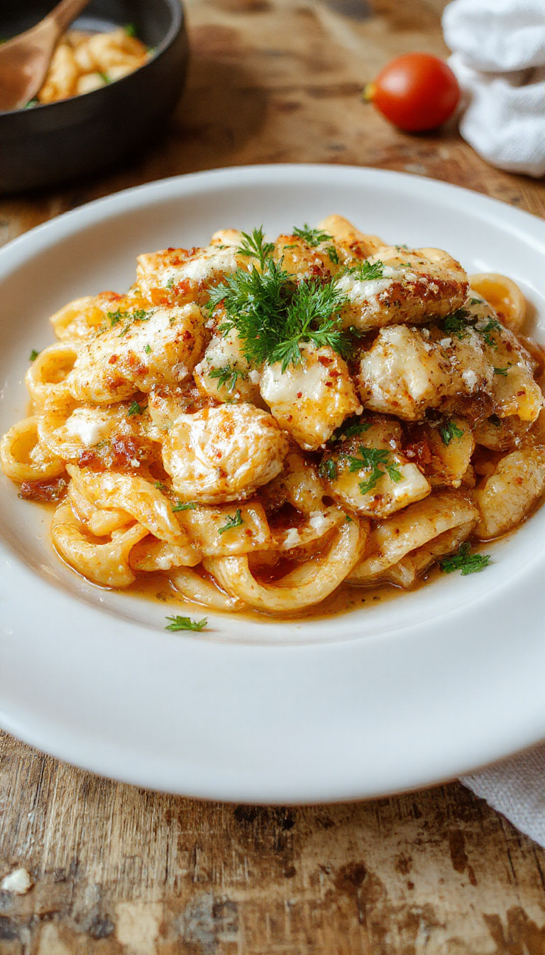 A close-up of a bowl of creamy pasta with tender pieces of chicken, sprinkled with grated Parmesan cheese, garnished with chopped parsley on top. The dish is presented in a rustic ceramic bowl, showcasing the rich, velvety sauce coating the pasta and chicken, with a golden-brown crust and a sprinkle of fresh herbs for color.