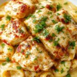 Plato de pollo crujiente dorado y crujiente servido junto a una cama de pasta cremosa, adornado con hierbas frescas y queso rallado. La presentación es elegante y apetecible, con el pollo en primer plano y la pasta en un fondo difuminado que resalta los colores cálidos y la textura del plato.