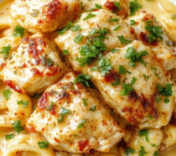 Plato de pollo crujiente dorado y crujiente servido junto a una cama de pasta cremosa, adornado con hierbas frescas y queso rallado. La presentación es elegante y apetecible, con el pollo en primer plano y la pasta en un fondo difuminado que resalta los colores cálidos y la textura del plato.