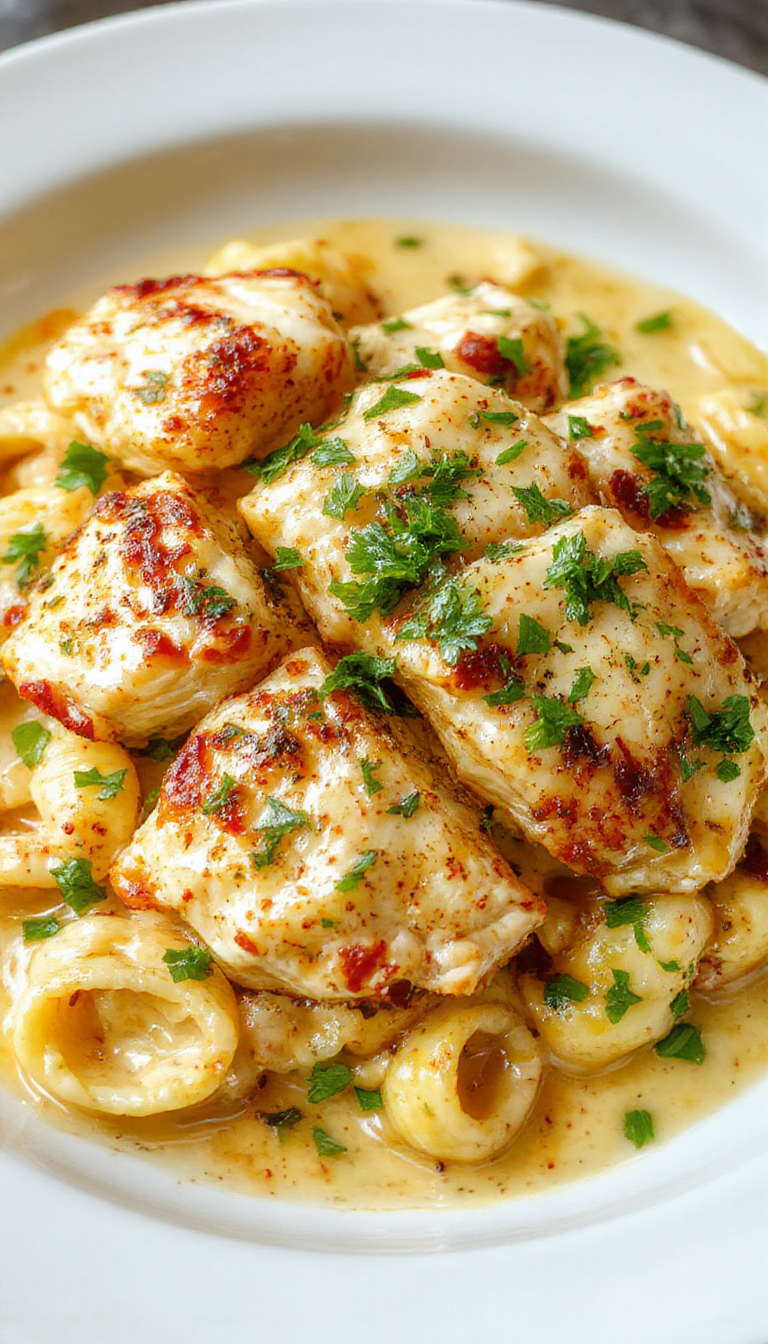 Plato de pollo crujiente dorado y crujiente servido junto a una cama de pasta cremosa, adornado con hierbas frescas y queso rallado. La presentación es elegante y apetecible, con el pollo en primer plano y la pasta en un fondo difuminado que resalta los colores cálidos y la textura del plato.