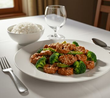 Res y brócoli al estilo chino, un platillo saludable y sabroso, listo para disfrutar.