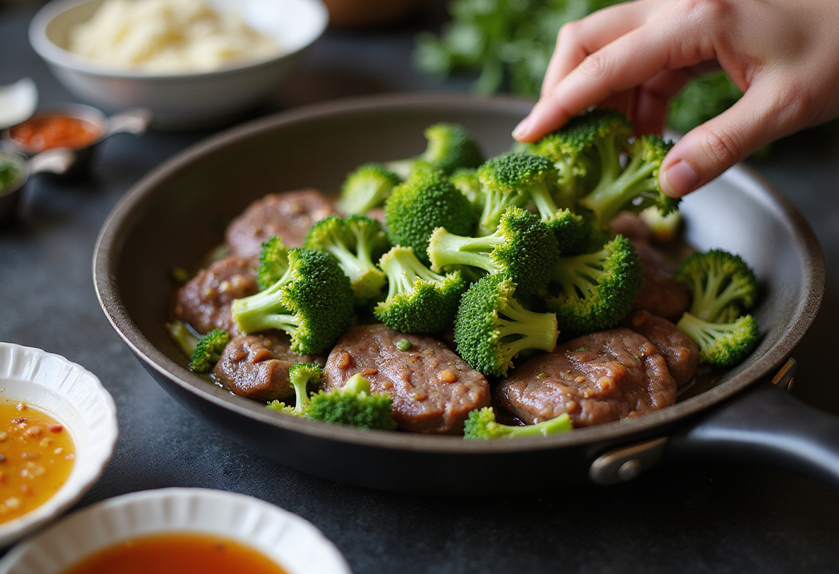 Brócoli y pimientos sumados al salteado en una sartén para res y brócoli al estilo chino.