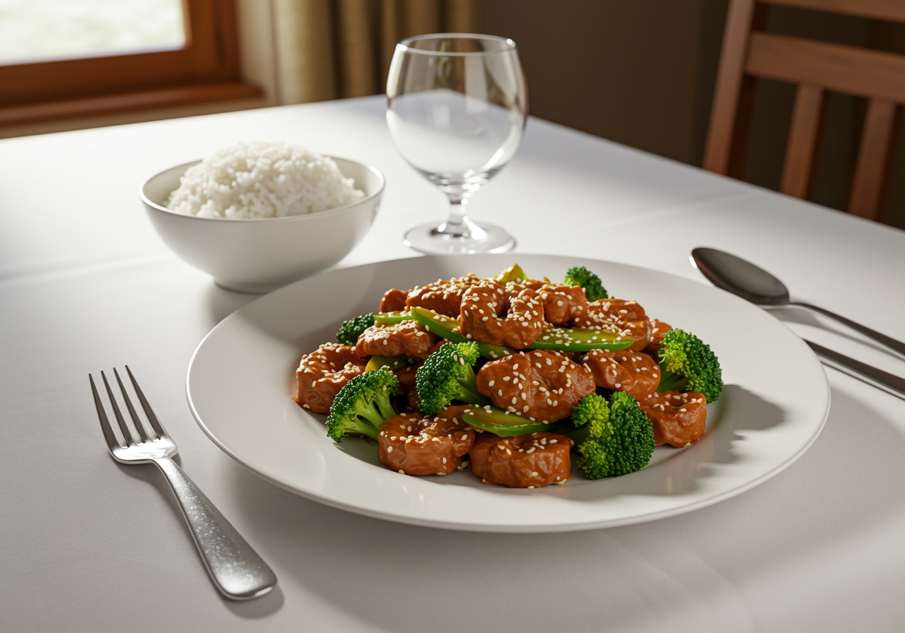 Res y brócoli al estilo chino, un platillo saludable y sabroso, listo para disfrutar.