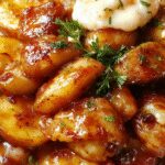 Plato de salchichas doradas glaseadas con miel y ajo, acompañadas de batatas asadas en cubos dorados y crujientes, todo presentado en un plato blanco sobre una mesa rústica, con un toque de hierbas frescas y un glaseado brillante que resalta su textura caramelizada.