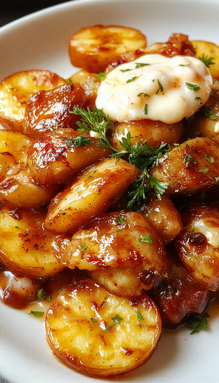 Plato de salchichas doradas glaseadas con miel y ajo, acompañadas de batatas asadas en cubos dorados y crujientes, todo presentado en un plato blanco sobre una mesa rústica, con un toque de hierbas frescas y un glaseado brillante que resalta su textura caramelizada.