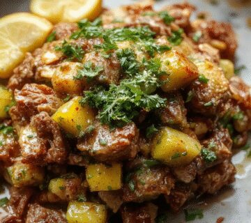 Plato de salteado saludable de calabacín con carne de res, mostrando tiras de calabacín en tonos verdes y carne de res marrón, salteados en una sartén con un toque de aceite, decorados con pequeñas hierbas verdes, presentado en un plato blanco sobre una mesa rústica