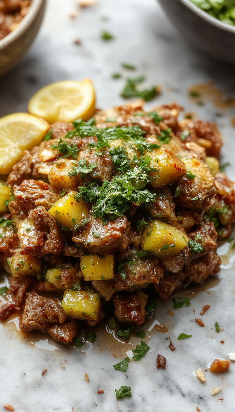 Plato de salteado saludable de calabacín con carne de res, mostrando tiras de calabacín en tonos verdes y carne de res marrón, salteados en una sartén con un toque de aceite, decorados con pequeñas hierbas verdes, presentado en un plato blanco sobre una mesa rústica