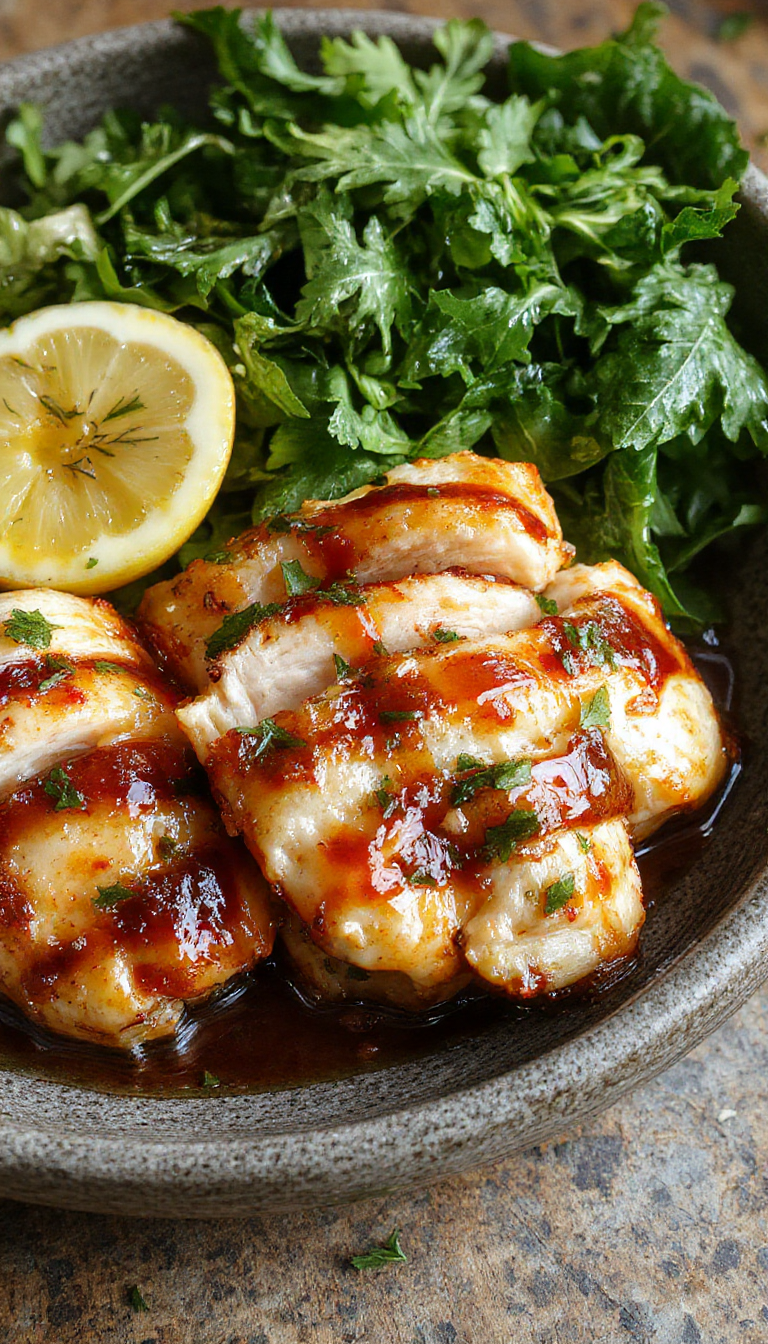 Plato de pollo teriyaki salteado en un wok, con trozos dorados y glaseados en salsa brillante, cebollinos picados y semillas de sésamo espolvoreadas, presentado sobre un plato blanco con fondo oscuro que resalta los colores vibrantes y la textura jugosa del pollo.