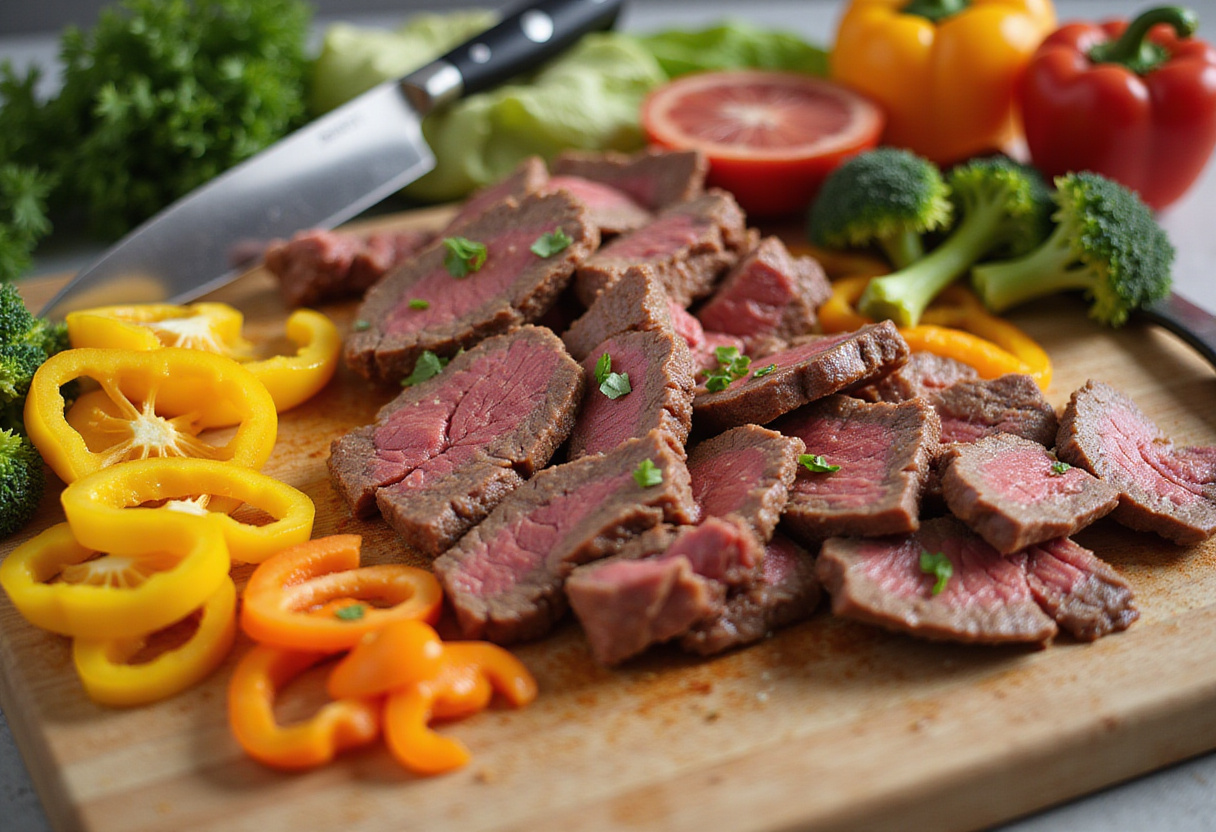 Ingredientes listos para el salteado de res rápido, incluyendo verduras frescas y carne de res.