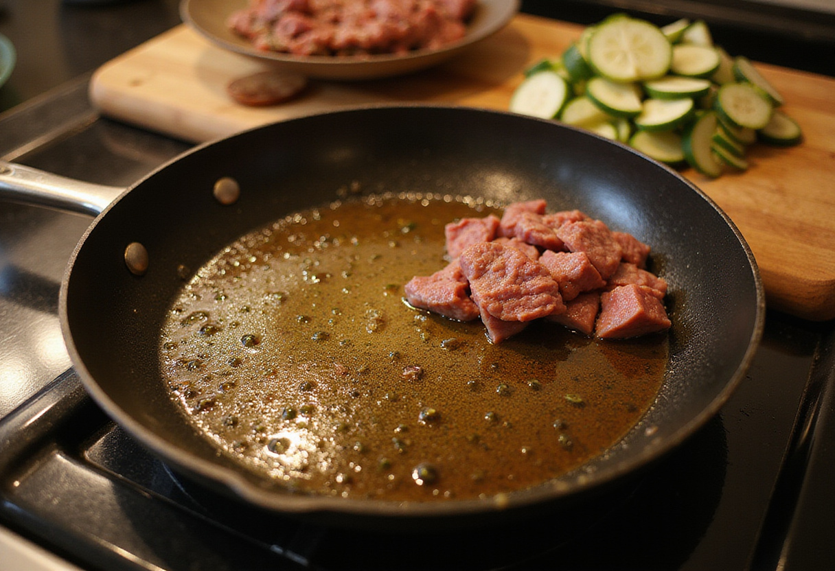 Aceite caliente en una sartén para la receta de salteado de res con vegetales.