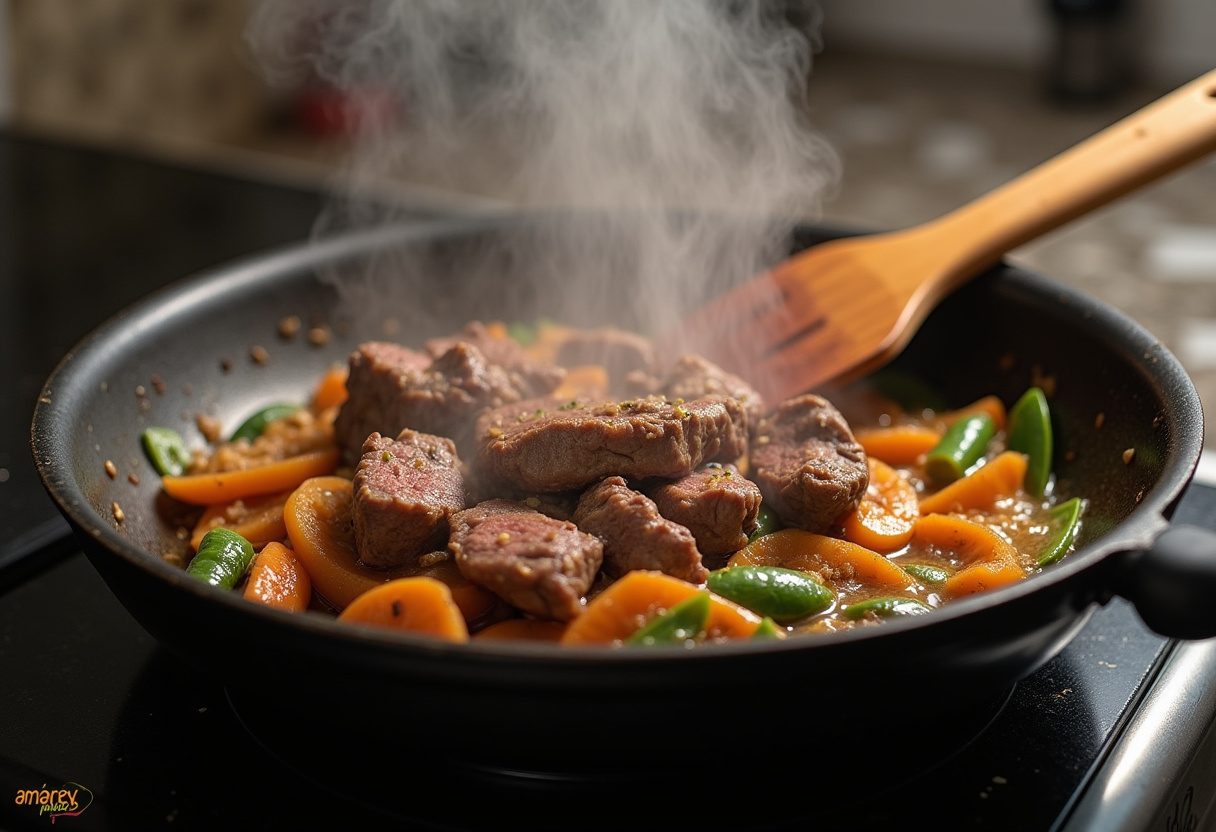 Carne de res y vegetales salteados en una sartén, un plato rápido y delicioso en preparación.