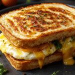 A close-up of a toasted breakfast sandwich with golden-brown bread, creamy scrambled eggs, crispy bacon, and melted cheese oozing slightly, garnished with fresh herbs on a rustic wooden plate.