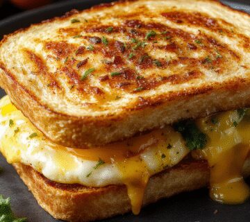 A close-up of a toasted breakfast sandwich with golden-brown bread, creamy scrambled eggs, crispy bacon, and melted cheese oozing slightly, garnished with fresh herbs on a rustic wooden plate.